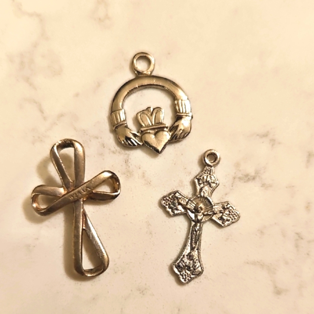 Silver Cross and Claddagh Charms